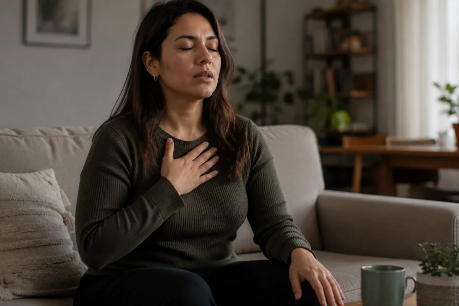 Adulto latinoamericano sentado al borde de un sofá con una mano en el pecho y los ojos cerrados mientras regula conscientemente su respiración durante un episodio de síntomas físicos de ansiedad, una imagen que representa cómo aliviar los síntomas físicos de la ansiedad y el estrés, incluyendo las palpitaciones, la opresión en el pecho y la tensión muscular, y el proceso terapéutico real para romper el ciclo de miedo al miedo mediante la terapia cognitivo-conductual.