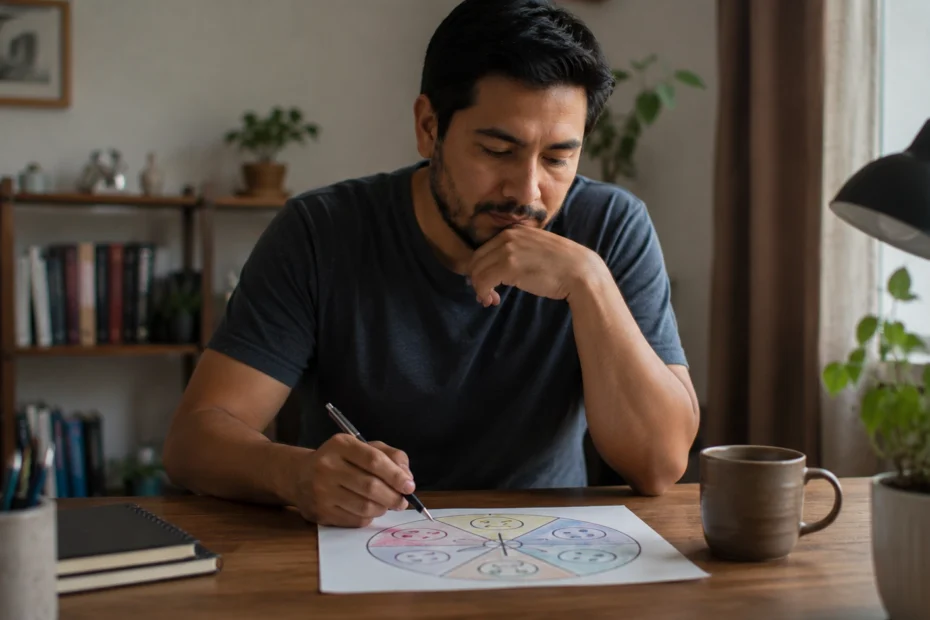 Adulto latinoamericano sentado en un escritorio observando una rueda de emociones dibujada a mano con expresión reflexiva y serena, una imagen que representa el estudio de las emociones positivas y negativas, sus ejemplos y funciones reales como el miedo, la tristeza, la alegría y la gratitud, y la importancia de aprender a gestionar y aceptar las emociones en lugar de eliminarlas, un proceso que se trabaja en terapia psicológica.