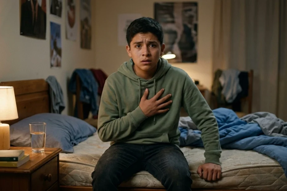 Adolescente latinoamericano sentado al borde de la cama con una mano en el pecho y expresión de angustia visible durante un episodio de malestar, en un ambiente hogareño iluminado tenuemente, una imagen que representa los ataques de pánico en adolescentes, sus causas ligadas al desarrollo cognitivo y los cambios de la pubertad, sus síntomas físicos como las palpitaciones y la sensación de ahogo, y la importancia de la intervención temprana y el tratamiento con terapia cognitivo-conductual especializada