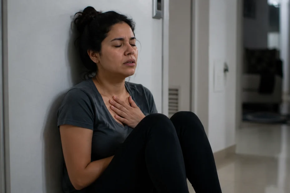 Adulto latinoamericano sentado en el suelo apoyado contra una pared con la mano en el pecho y expresión de malestar interno intenso, respirando con esfuerzo en medio de un ataque de ansiedad o crisis de pánico, una imagen que captura la experiencia física y emocional de los ataques de ansiedad que parecen venir de la nada, los síntomas de palpitaciones, sensación de ahogo y miedo, y la necesidad de tratamiento psicológico especializado para trabajar la ansiedad desde sus causas reales.