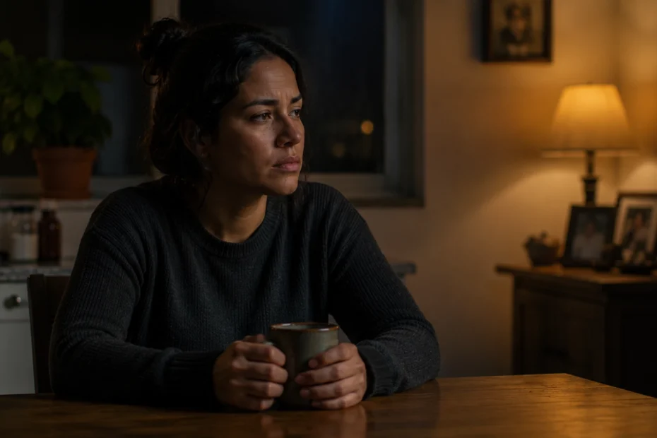 Adulto latinoamericano sentado solo en una mesa por la noche sosteniendo una taza con ambas manos y expresión tensa y distante que refleja el peso de la preocupación constante, una imagen que representa los síntomas del trastorno de ansiedad generalizada, incluyendo la tensión muscular, la fatiga, el insomnio y la dificultad para controlar la preocupación excesiva, así como la importancia del diagnóstico y el tratamiento psicológico especializado para este tipo de ansiedad crónica.
