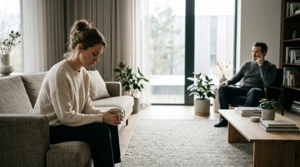 Pareja en un proceso de separación temporal reflexionando en lados opuestos de una sala bien iluminada, representando la búsqueda de espacio y claridad emocional en medio de una crisis de pareja para tomar una decisión sobre su futuro mediante la terapia.