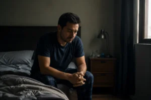 Persona adulta latinoamericana sentada sola en el borde de una cama con luz tenue y expresión de agotamiento emocional profundo, en una escena íntima y silenciosa que representa la experiencia interna de vivir con síntomas de ansiedad y depresión, el peso invisible del malestar psicológico y la necesidad de apoyo profesional a través de la terapia.