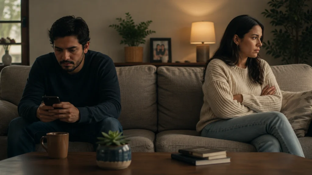 Pareja latinoamericana adulta sentada en los extremos opuestos de un sofá en casa, con lenguaje corporal tenso y distancia emocional visible entre los dos, una imagen que captura el impacto de la ansiedad en una relación de pareja, los patrones de apego ansioso y evitativo, la falta de comunicación y la inseguridad que afectan la confianza y la conexión en el vínculo de pareja.