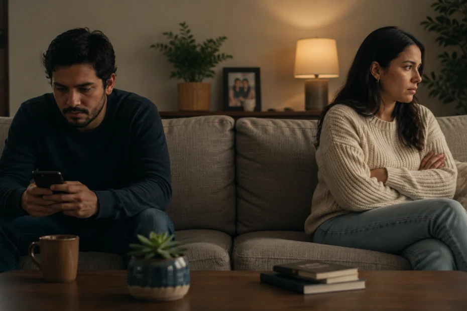 Pareja latinoamericana adulta sentada en los extremos opuestos de un sofá en casa, con lenguaje corporal tenso y distancia emocional visible entre los dos, una imagen que captura el impacto de la ansiedad en una relación de pareja, los patrones de apego ansioso y evitativo, la falta de comunicación y la inseguridad que afectan la confianza y la conexión en el vínculo de pareja.