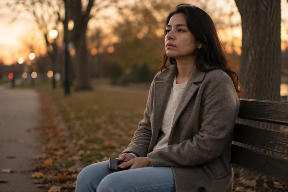 Adulto latinoamericano sentado solo en una banca de un parque al atardecer sosteniendo el teléfono boca abajo sin revisarlo, con una expresión mixta de tristeza y calma resignada, una imagen que representa las etapas del duelo por separación de pareja y cómo este proceso no sigue una secuencia fija, incluyendo la negación, la rabia, la negociación y la aceptación, así como el contacto cero y la reconstrucción emocional que se trabaja en terapia psicológica tras una ruptura amorosa.