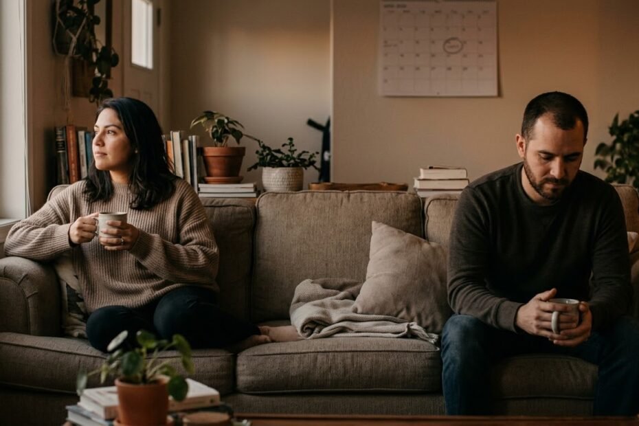 Pareja latinoamericana adulta sentada en los extremos opuestos de un sofá en una sala con luz cálida de atardecer, cada uno con una taza entre las manos y sin mirar el teléfono, con un calendario de pared con una fecha marcada al fondo, una imagen que representa cómo pedir un tiempo a tu pareja y qué sucede cuando tu pareja te pide tiempo, la incertidumbre de esa pausa, la importancia de acordar un propósito y una fecha para volver a hablar, y el apoyo de la terapia de pareja para decidir con claridad entre volver o terminar.
