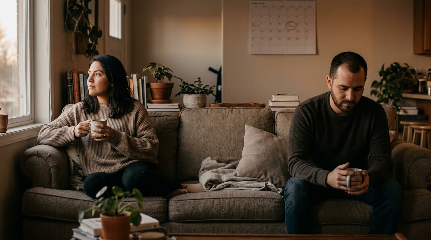 Pareja latinoamericana adulta sentada en los extremos opuestos de un sofá en una sala con luz cálida de atardecer, cada uno con una taza entre las manos y sin mirar el teléfono, con un calendario de pared con una fecha marcada al fondo, una imagen que representa cómo pedir un tiempo a tu pareja y qué sucede cuando tu pareja te pide tiempo, la incertidumbre de esa pausa, la importancia de acordar un propósito y una fecha para volver a hablar, y el apoyo de la terapia de pareja para decidir con claridad entre volver o terminar.