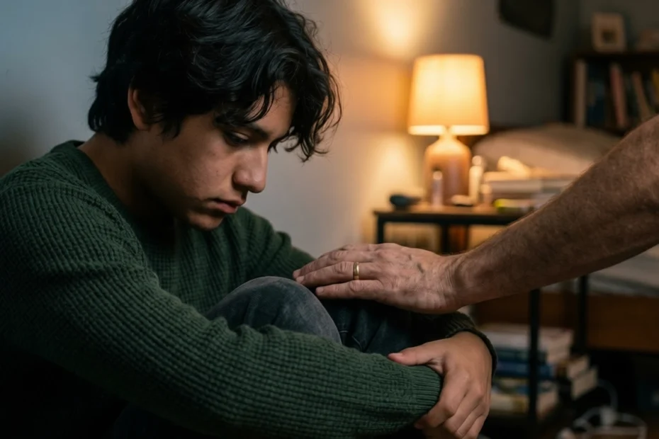 Adolescente latinoamericano sentado solo en el piso de su habitación con expresión retraída y triste, mientras la mano de un padre se acerca con gesto de apoyo, una imagen que representa la importancia de comprender qué es el cutting, sus causas emocionales como el dolor no procesado y la baja autoestima, y las consecuencias de esta autolesión no suicida, así como el papel del apoyo familiar y el tratamiento psicológico especializado para adolescentes.