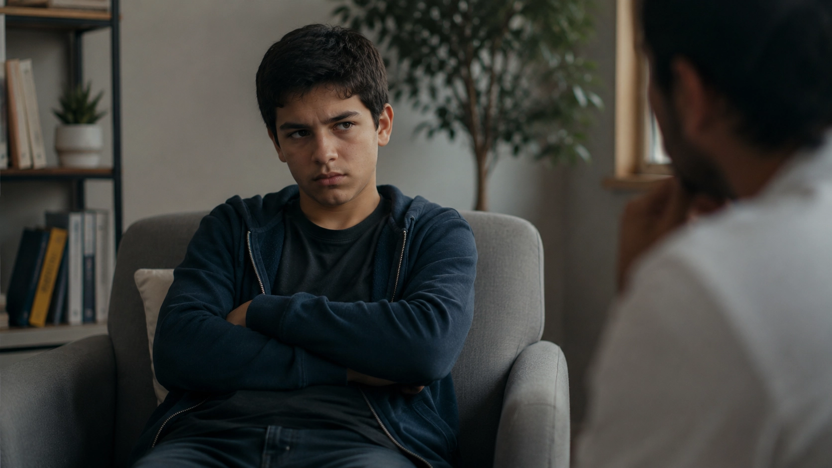 Adolescente latinoamericano de aproximadamente 14 años sentado con los brazos cruzados y una expresión cerrada y tensa en lo que parece un consultorio psicológico, una imagen que representa el proceso de intervención terapéutica en los trastornos de conducta en adolescentes, los problemas de conducta entre los 13 y 15 años, y la importancia del tratamiento especializado para trabajar la agresividad, la impulsividad y la desconexión emocional en la adolescencia.
