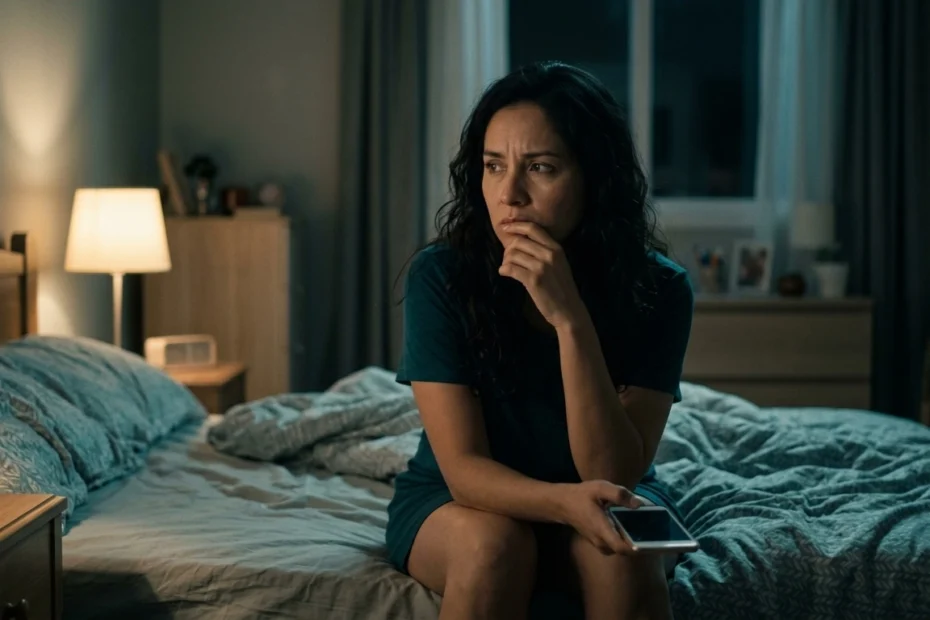 Adulto latinoamericano sentado solo al borde de la cama por la noche sosteniendo el teléfono con expresión tensa entre el impulso de revisar y la resistencia consciente a hacerlo, en un ambiente íntimo con luz tenue, una imagen que representa los celos enfermizos y su funcionamiento como un ciclo obsesivo de duda, revisión y alivio momentáneo, vinculado a la inseguridad emocional, el miedo al abandono y la necesidad de control, un patrón que se puede trabajar y controlar en terapia psicológica individual o de pareja.