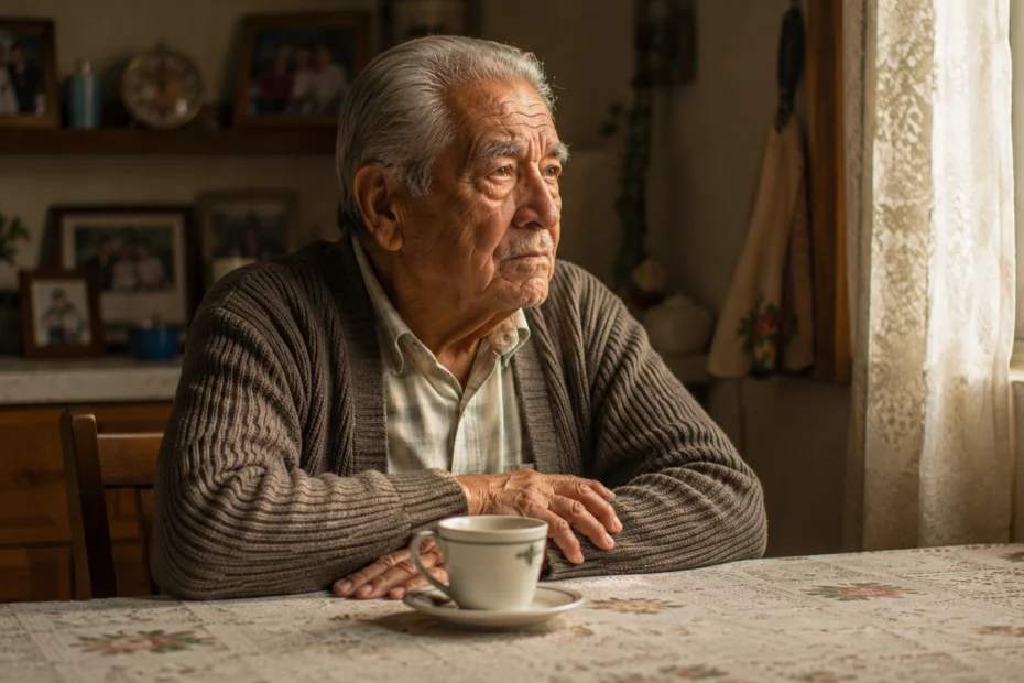 Hombre adulto mayor latinoamericano sentado solo en la mesa de su cocina mirando por la ventana con una expresión reflexiva y ligeramente melancólica, una taza de café sin tocar frente a él, en un ambiente hogareño y sencillo que representa la experiencia de la soledad en la tercera edad, sus causas como la jubilación, la viudez y la movilidad reducida, y la importancia de la conexión social activa y el apoyo psicológico para enfrentar el aislamiento y mejorar el bienestar emocional en esta etapa de la vida.