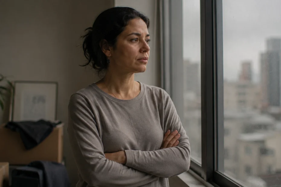 Adulto latinoamericano de pie junto a una ventana en un apartamento tranquilo, mirando hacia afuera con expresión serena pero cargada de peso emocional, en una imagen que representa el proceso psicológico de la separación matrimonial y la separación de pareja, el duelo por la pérdida del vínculo, la reconstrucción de la identidad y el trabajo de regulación emocional que acompaña una ruptura significativa cuando se atraviesa con apoyo psicológico profesional.