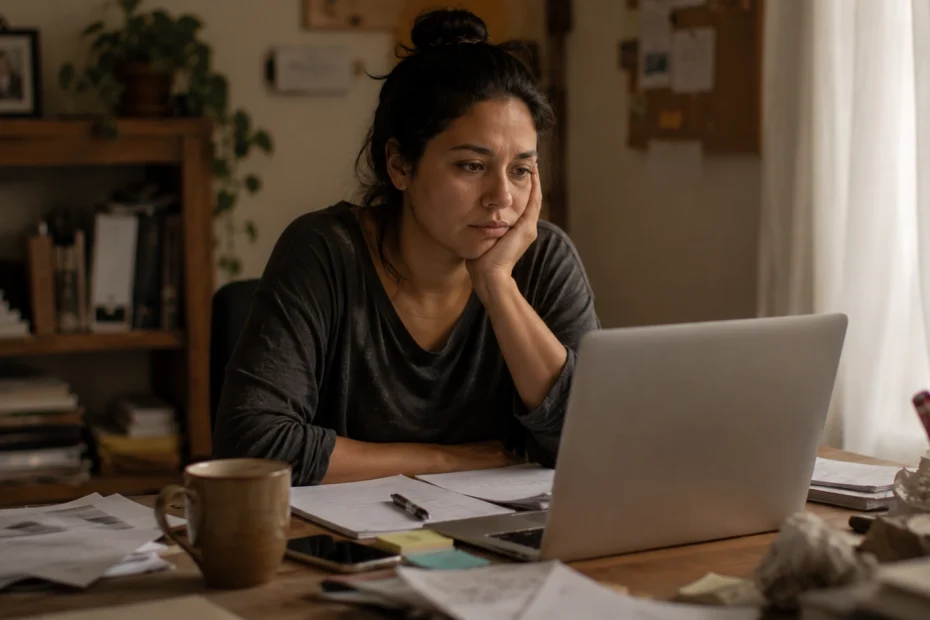 Adulto latinoamericano sentado frente a un escritorio desordenado con el portátil abierto y una expresión paralizad y distante que refleja el peso emocional de la procrastinación crónica, sus consecuencias en la productividad, la autoestima y el bienestar psicológico, y el ciclo de ansiedad, culpa y postergación que se trabaja en terapia psicológica individual para dejar de procrastinar y recuperar el control de las propias responsabilidades