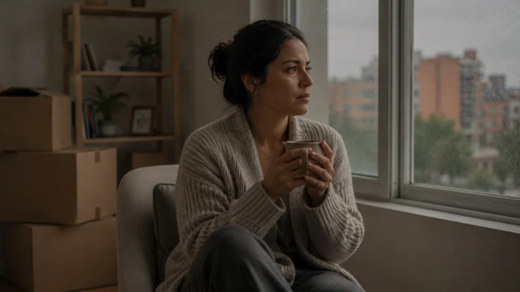 Mujer latinoamericana adulta sentada sola junto a una ventana en un día nublado, sosteniendo una taza de café con expresión introspectiva y serena pero cargada de peso emocional, en un ambiente que evoca la transición y el duelo tras una separación o divorcio, representando el proceso de superar el dolor de una ruptura matrimonial, afrontar la pérdida y reconstruir la autoestima con acompañamiento psicológico.