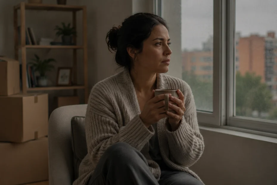 Mujer latinoamericana adulta sentada sola junto a una ventana en un día nublado, sosteniendo una taza de café con expresión introspectiva y serena pero cargada de peso emocional, en un ambiente que evoca la transición y el duelo tras una separación o divorcio, representando el proceso de superar el dolor de una ruptura matrimonial, afrontar la pérdida y reconstruir la autoestima con acompañamiento psicológico.