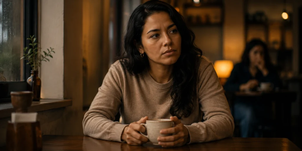Mujer latinoamericana adulta sentada sola en un café con expresión cansada y guardada que refleja el peso emocional de una relación tóxica, la confusión generada por la manipulación y el chantaje emocional, y el proceso interno de reconocer las características de una persona tóxica y sus efectos sobre la autoestima y el bienestar, una imagen que representa el momento de toma de consciencia que antecede la búsqueda de ayuda psicológica profesional.