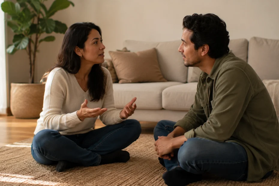 Pareja latinoamericana adulta sentada frente a frente en el suelo de su sala, conversando con atención genuina y escucha activa real, sin distracciones de por medio, una imagen que representa las relaciones saludables y las actividades que las fortalecen, incluyendo la comunicación, el respeto, los límites, la autonomía y la resolución de conflictos, elementos que sostienen las relaciones saludables afectivas y que se pueden trabajar en terapia de pareja.