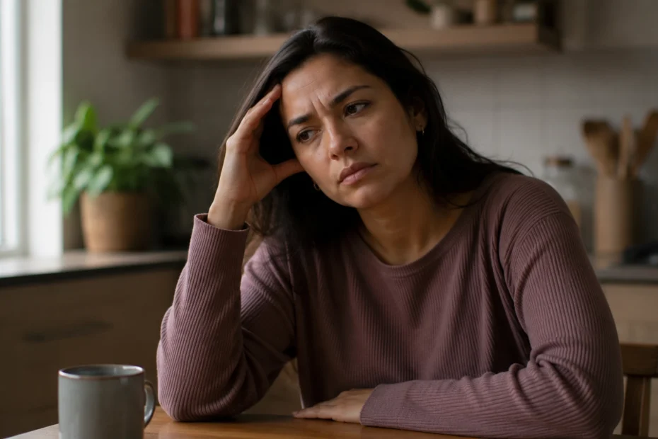 Mujer latinoamericana adulta sentada sola en la mesa de su cocina con una mano en la frente y una expresión de confusión contenida, como si intentara procesar una conversación reciente, una imagen que representa las formas de manipulación psicológica como el gaslighting, el love bombing, la triangulación y el aislamiento, y la importancia de aprender a detectar la manipulación emocional a tiempo para proteger la autoestima y buscar apoyo psicológico profesional.