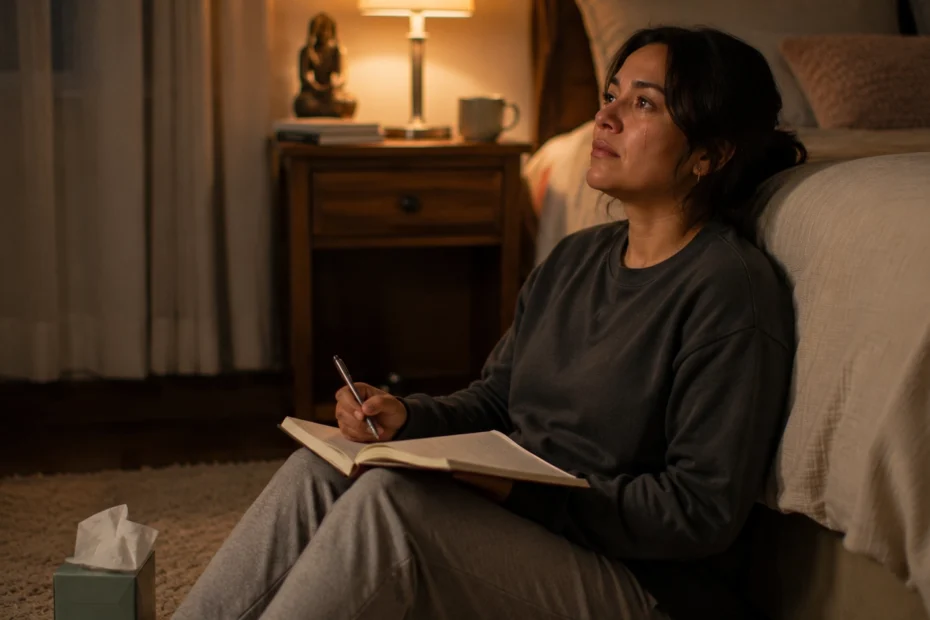 Persona adulta latinoamericana sentada en el piso de su habitación escribiendo en un diario con una lágrima visible pero expresión serena y reflexiva, en un ambiente cálido e íntimo de noche, una imagen que representa cómo desahogarse emocionalmente a través de la escritura y el llanto consciente, el proceso de expresar la tristeza, el miedo y la ira de forma saludable, y la importancia del autocuidado y el apoyo profesional para procesar las emociones en lugar de solo descargarlas.