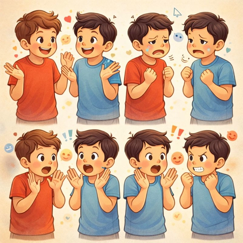 Dinámica del Juego del espejo para fomentar la empatía y la inteligencia emocional. Muestra a dos personas de pie frente a frente, uno haciendo expresiones faciales emocionales exageradas (alegría, tristeza, sorpresa, enojo) y el otro imitándolas perfectamente como un espejo, con sonrisas y concentración. Ambas con gestos corporales sincronizados.