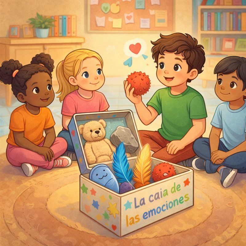 Actividad Caja de las Emociones para niños y adolescentes en terapia emocional. Una caja abierta, llena de objetos que representan diferentes emociones: un peluche suave para calma, una piedra rugosa para frustración, una pluma para alegría, un objeto rojo para ira, etc. Alrededor de la caja, niños diversos (de diferentes edades y etnias) sentados en círculo, uno de ellos sosteniendo un objeto y explicándolo con expresión pensativa y sonriente. Fondo simple y acogedor como una sala de juegos o aula, con colores vibrantes y positivos