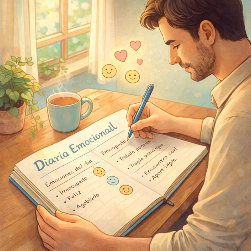Persona adulta escribiendo en el diario emocional, que es una actividad para trabajar las emociones en adultos, jóvenes y niños