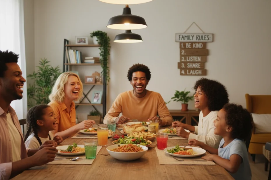 Familia compartiendo al cumplir las normas de convivencia en casa