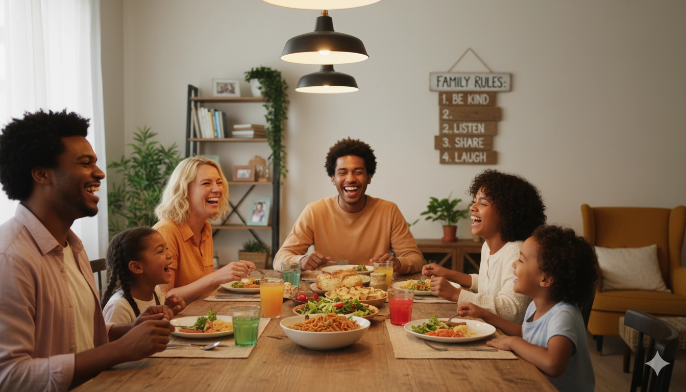 Familia compartiendo al cumplir las normas de convivencia en casa