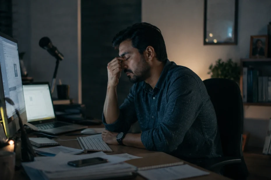 Persona adulta latinoamericana sentada frente a pantallas encendidas en un escritorio de teletrabajo, con los ojos cerrados y una expresión de fatiga profunda, en un ambiente de luz azul que evoca la hiperconectividad y el agotamiento digital del síndrome de burnout digital, reflejando el estrés, la falta de descanso y los efectos de la tecnología en la salud mental.