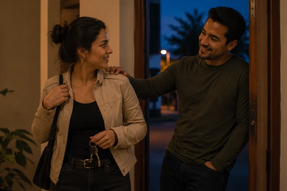 Pareja latinoamericana adulta en la puerta de su casa al atardecer, ella lista para salir con amigas y él apoyado en el marco de la puerta con una sonrisa relajada y una mano en su hombro sin ninguna tensión visible, una imagen que representa cómo demostrarle a tu pareja que confías en ella a través de comportamientos cotidianos y consistentes, más allá de la ausencia de sospecha, incluyendo la previsibilidad, la confiabilidad y la fe que sostienen una relación sana, un proceso que se puede fortalecer en terapia de pareja.