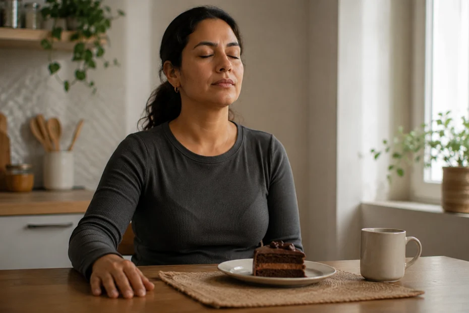 Adulto latinoamericano sentado a la mesa frente a un postre tentador con la mano quieta y los ojos cerrados en una pausa breve y consciente, una imagen que representa qué es el autocontrol, su significado como capacidad de regulación de impulsos y emociones, y para qué sirve en la toma de decisiones, la tolerancia a la frustración y el manejo de la ira, una habilidad que se puede entrenar y fortalecer en terapia psicológica.