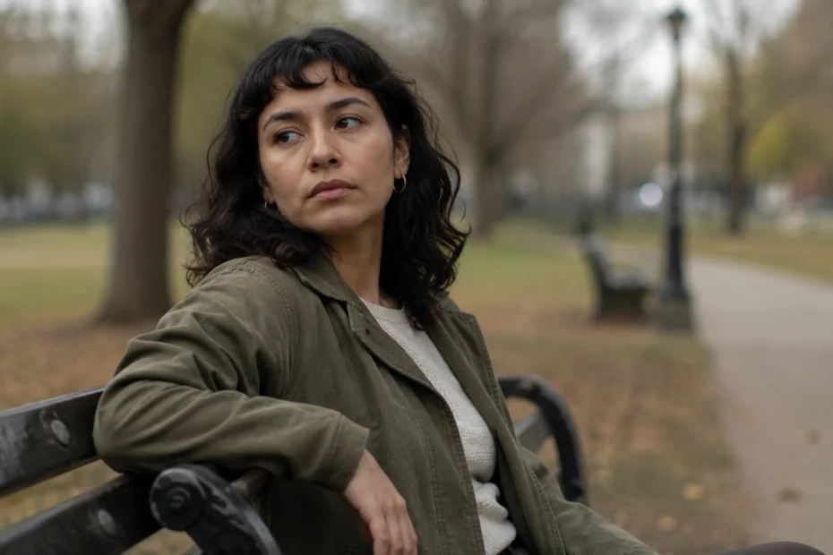 Adulto latinoamericano sentado en un banco de un parque con la mirada distante y desenfocada, expresión de desconexión mientras el entorno se percibe ligeramente difuso, una imagen que representa qué es la disociación y sus tipos como la despersonalización y la desrealización, un mecanismo de protección frente al trauma que afecta la conciencia, la memoria y la identidad, y que se puede trabajar con tratamiento especializado en terapia psicológica.