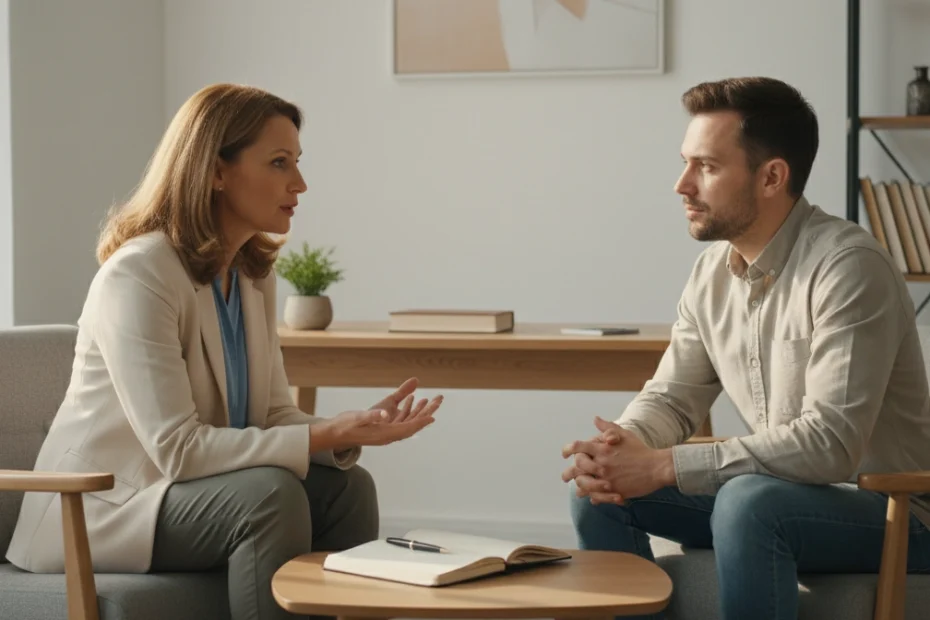 Imagen de un médico psiquiatra atendiendo a un paciente en consulta clínica, en un consultorio iluminado con luz natural, representando la atención en salud mental y el trabajo profesional en trastornos emocionales. La escena muestra el rol del psiquiatra en la evaluación psicológica y médica, diferenciándolo del psicólogo y destacando para qué sirve la psiquiatría en el tratamiento de problemas mentales.