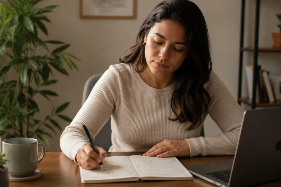 Adulto latinoamericano sentado en un escritorio escribiendo en un cuaderno con dos columnas, un pensamiento automático de un lado y una versión más equilibrada del otro, con expresión serena y concentrada, una imagen que representa la lista de distorsiones cognitivas y las 10 más frecuentes, como el pensamiento dicotómico, la sobregeneralización y la catastrofización, y el proceso real de reestructuración cognitiva que se trabaja en terapia psicológica para la ansiedad, la depresión y la autoestima.