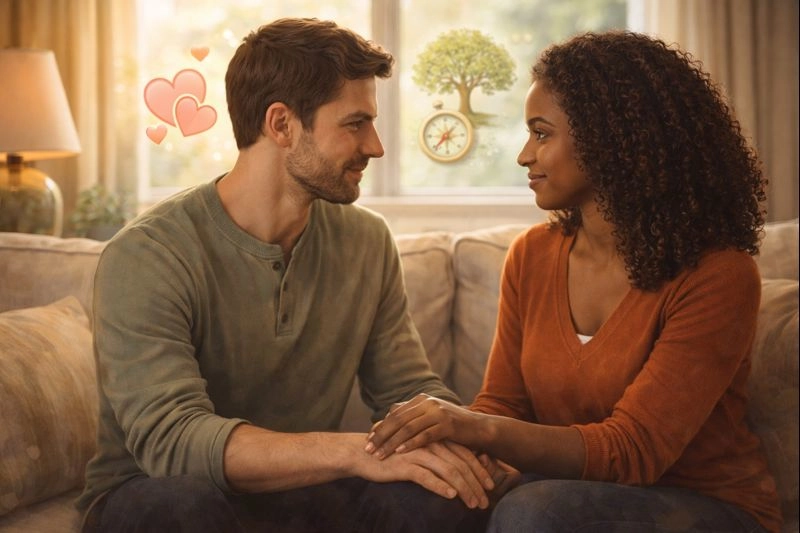 Pareja joven y diversa sentados frente a frente en un sofá cómodo en un hogar acogedor con luz natural cálida entrando por la ventana. Están mirándose a los ojos con expresiones de confianza, apoyo y conexión profunda, uno tocando suavemente la mano del otro. Centrada en la pareja para enfatizar la importancia de los valores como base de una relación duradera.