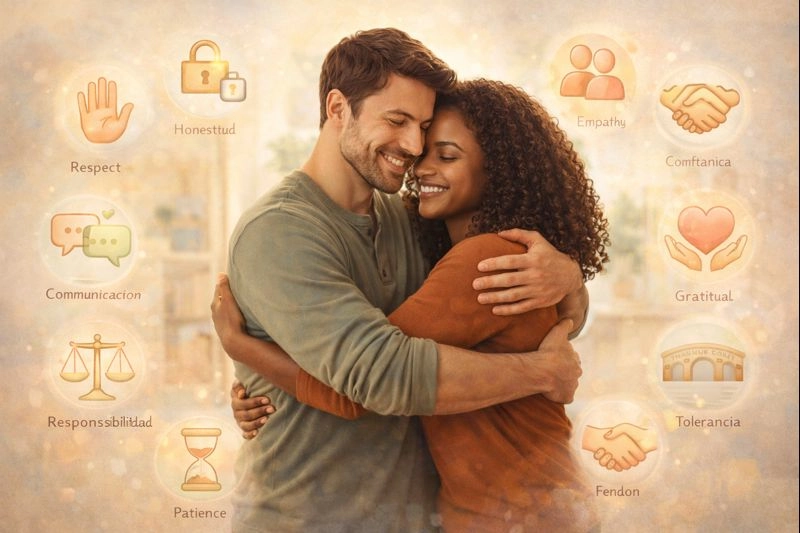 Una pareja feliz y diversa abrazándose en el centro, rodeados de 12 iconos sutiles y elegantes flotando alrededor que representan los valores clave en una relación: respeto, honestidad, empatía, confianza, comunicación, apoyo mutuo, compromiso, responsabilidad, paciencia, tolerancia, gratitud, y perdón. La pareja sonriente y conectada emocionalmente. Composición equilibrada y motivadora para ilustrar los 12 valores esenciales en una pareja.