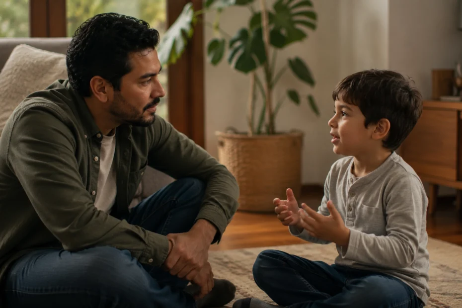 Madre o padre latinoamericano sentado en el suelo al nivel de un niño pequeño, escuchándolo con atención y expresión cálida mientras el niño gesticula al hablar, en un ambiente hogareño con luz natural que representa los pilares de la crianza positiva: el vínculo afectivo, la comunicación genuina, la validación emocional, el respeto y los límites claros que forman la base de una crianza sin violencia y con amor