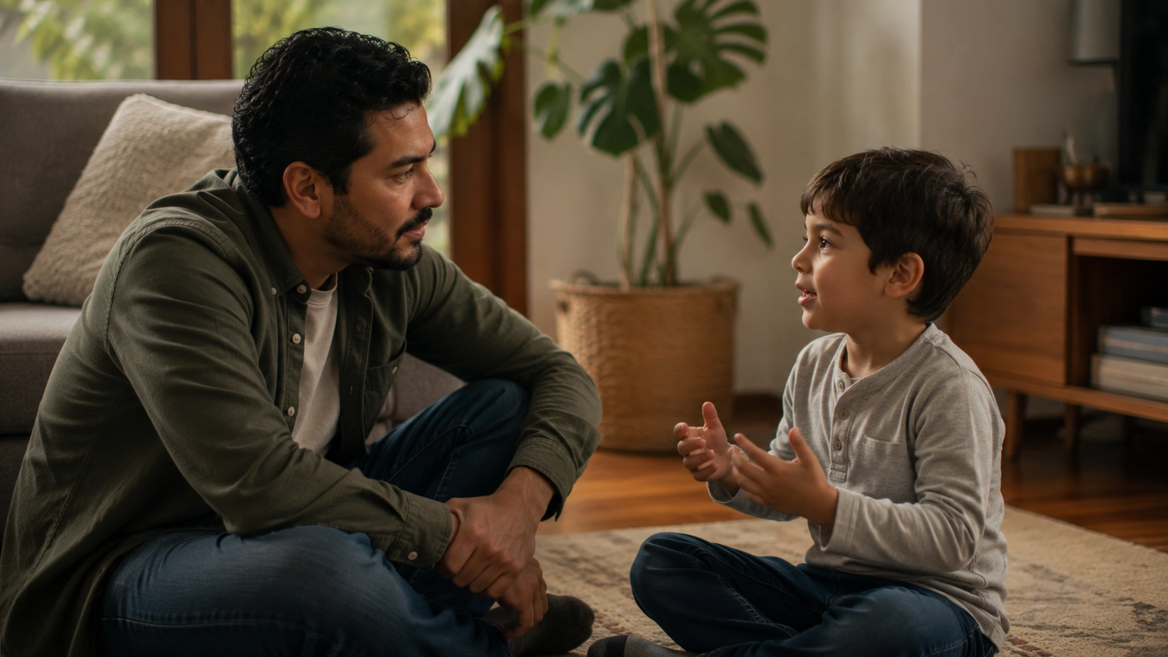 Madre o padre latinoamericano sentado en el suelo al nivel de un niño pequeño, escuchándolo con atención y expresión cálida mientras el niño gesticula al hablar, en un ambiente hogareño con luz natural que representa los pilares de la crianza positiva: el vínculo afectivo, la comunicación genuina, la validación emocional, el respeto y los límites claros que forman la base de una crianza sin violencia y con amor