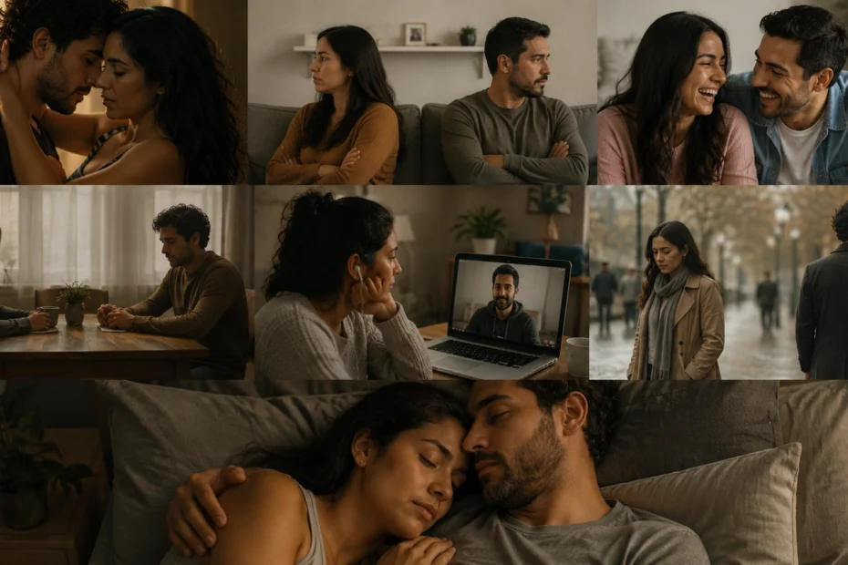 Composición editorial de múltiples parejas latinoamericanas representando diferentes tipos de relaciones de pareja según la psicología, desde el amor consumado con los tres componentes de intimidad, pasión y compromiso hasta vínculos más contemporáneos como el amor vacío, el amor romántico, los amigovios o las relaciones sin etiqueta, una imagen que ilustra la diversidad de vínculos afectivos que existen en las relaciones de pareja actuales y la importancia de identificar qué tipo de relación se está viviendo.