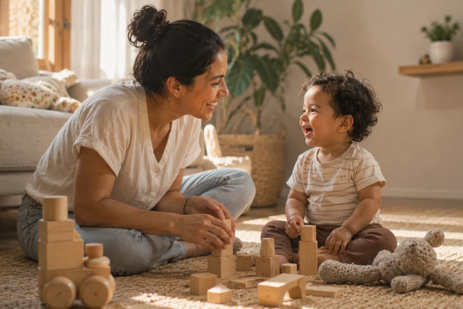 Madre latinoamericana sentada en el piso de una sala iluminada naturalmente, jugando con su hijo pequeño usando bloques de madera y juguetes sencillos, ambos sonriendo y haciendo contacto visual genuino, una imagen que representa los beneficios reales de la estimulación temprana basados en el vínculo afectivo, el juego libre y la interacción responsiva, más allá de los materiales comerciales, favoreciendo el desarrollo cognitivo, motor, emocional y del lenguaje durante los primeros años de vida.
