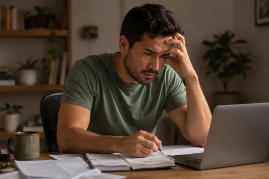 Adulto latinoamericano sentado frente a una tarea difícil con expresión de frustración contenida pero determinación visible, en un ambiente de trabajo tranquilo que representa el proceso de trabajar la baja tolerancia a la frustración, aprender a manejar el malestar ante el error y el fracaso, y desarrollar la perseverancia y el esfuerzo sostenido a través de estrategias psicológicas concretas trabajadas en terapia individual.