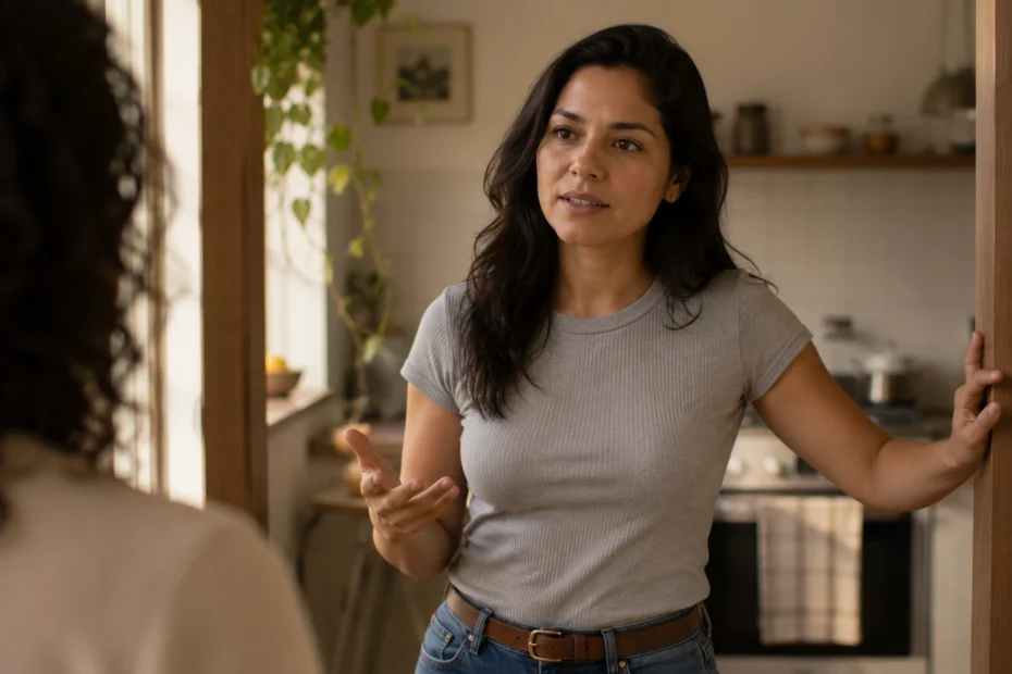 Mujer latinoamericana adulta de pie en el umbral de una cocina hablando con calma y una expresión serena y firme mientras pone un límite, en un ambiente hogareño con luz cálida, una imagen que representa cuando decir que no es un acto de amor y no un acto de egoísmo, mostrando cómo aprender a decir no más protege la autenticidad, reduce el resentimiento y fortalece las relaciones saludables, un proceso de asertividad y amor propio que se puede trabajar en terapia psicológica.