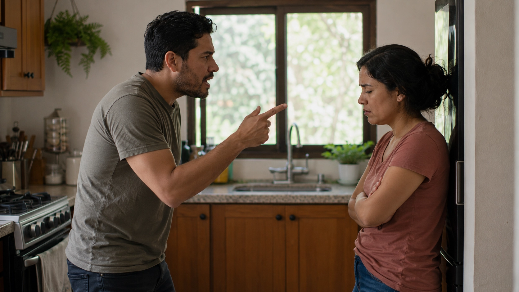 Dos adultos latinoamericanos en una cocina durante una conversación tensa, uno con el tono de voz elevado y un gesto de mano señalando mientras el otro se retrae con los brazos cruzados, una imagen que ilustra las características de la comunicación agresiva, el lenguaje no verbal de la confrontación, la falta de respeto por los derechos del otro y las consecuencias negativas que este estilo de comunicación genera en las relaciones interpersonales, en contraste con la comunicación asertiva que se trabaja en terapia psicológica.