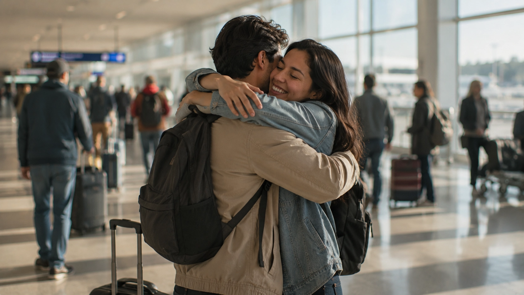 Pareja latinoamericana adulta abrazándose en la zona de llegadas de un aeropuerto con una maleta en el suelo, una persona con expresión de alivio total y la otra con una sonrisa cálida pero ligeramente tentativa mientras se reajusta a la cercanía física, una imagen que representa cómo sobrellevar una relación a distancia más allá de los días separados, incluyendo la turbulencia emocional de los reencuentros, la renegociación de la independencia y el espacio compartido, y el desgaste de las transiciones que se puede trabajar en terapia de pareja online.