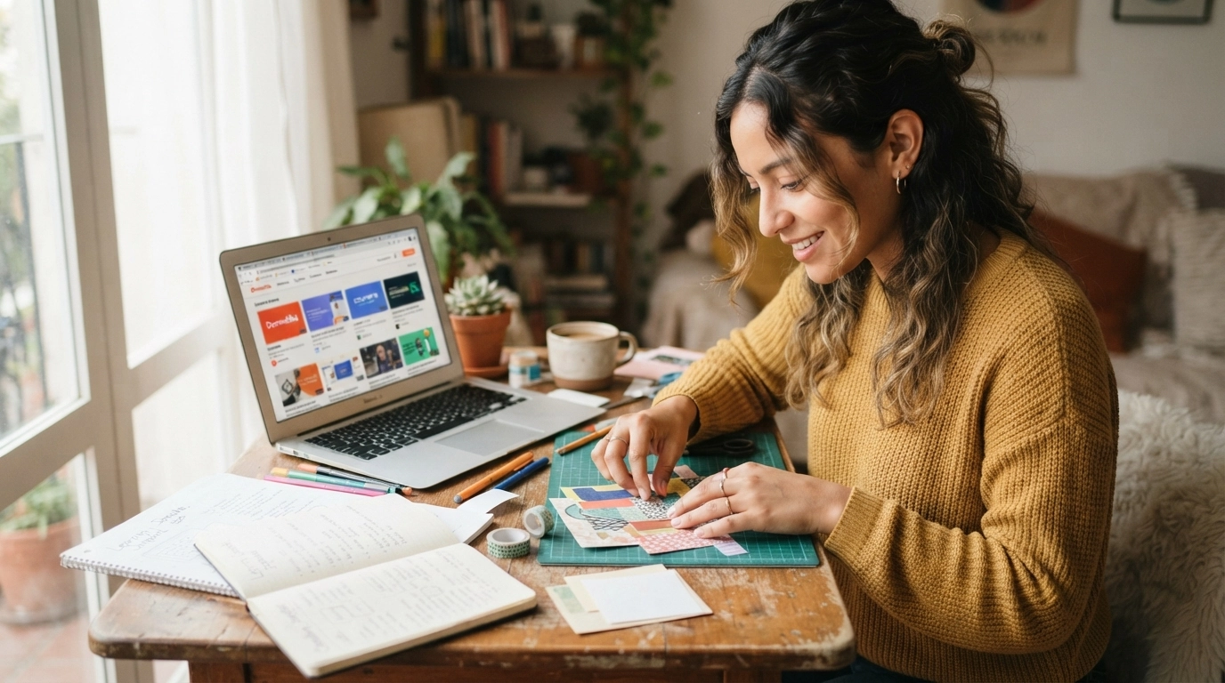 Adulto joven latinoamericano sentado en un escritorio explorando activamente un proyecto pequeño y creativo con cuadernos y una laptop abierta, expresión de curiosidad genuina en vez de ansiedad, una imagen que representa la pregunta de qué quieres ser más adelante y cómo la vocación y los objetivos de vida se construyen a través de la acción y la exploración concreta, no solo la introspección, abordando el miedo, la inseguridad y el bloqueo que puede generar la indecisión sobre el futuro, un proceso que se puede trabajar en terapia psicológica.