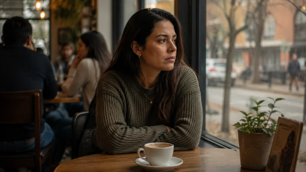 Adulto joven latinoamericano sentado solo en una mesa de café junto a una ventana, mirando hacia afuera con una expresión introspectiva y pesada mientras otras personas aparecen borrosas al fondo, una imagen que captura la experiencia de sentirse solo y sin amigos en medio de un entorno social, el vacío emocional del aislamiento, y la necesidad de conexión real que lleva a buscar cómo superar la soledad con ayuda psicológica.