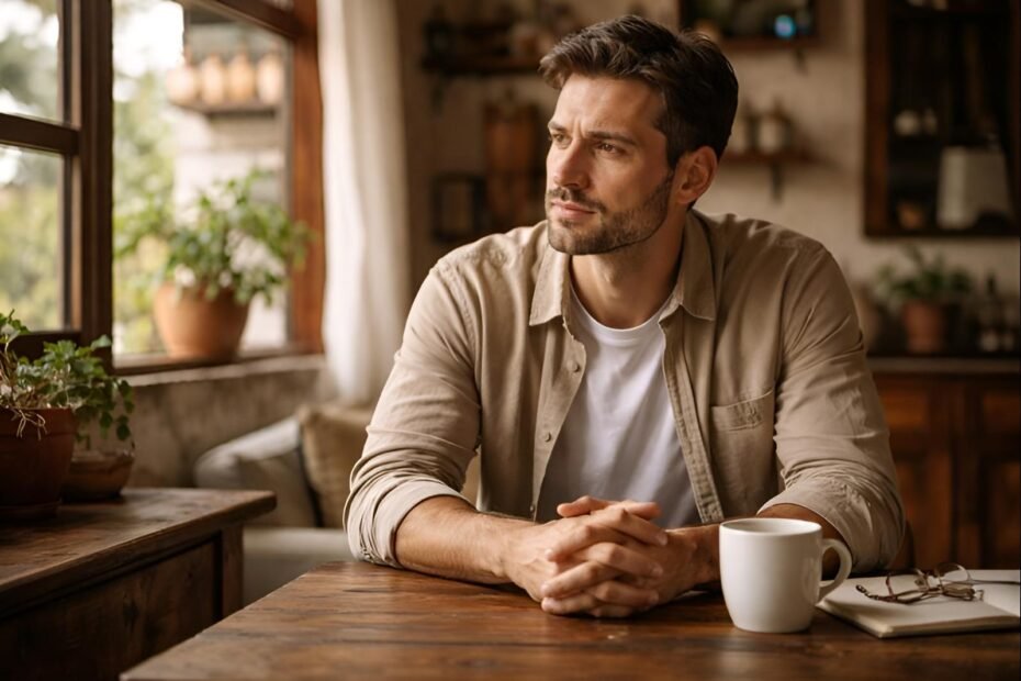 Persona adulta sentada en un espacio cotidiano, luz natural suave, expresión reflexiva y tranquila, ambiente realista colombiano, sin poses exageradas, estilo fotográfico documental, sensación de introspección y crecimiento personal