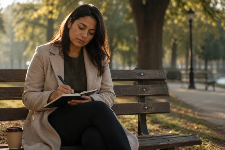 Adulto latinoamericano sentado al aire libre en una banca escribiendo en una libreta con expresión serena y concentrada durante la mañana, una imagen que representa las actividades para desarrollar una mente positiva a través de la psicología positiva real, incluyendo prácticas de gratitud, autoconocimiento, manejo emocional y fortalezas personales, un proceso que construye bienestar genuino y que se puede profundizar en terapia psicológica.