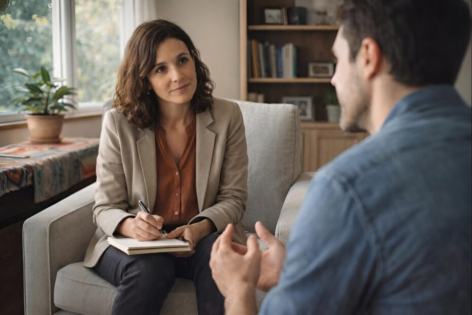Imagen de una sesión de terapia psicológica en Colombia donde se refleja el acompañamiento profesional frente a enfoques como la sanatología. Se observa a una psicóloga escuchando activamente, en un entorno clínico real, representando la diferencia entre el trabajo de un sanatólogo y la intervención psicológica basada en ciencia y experiencia clínica.